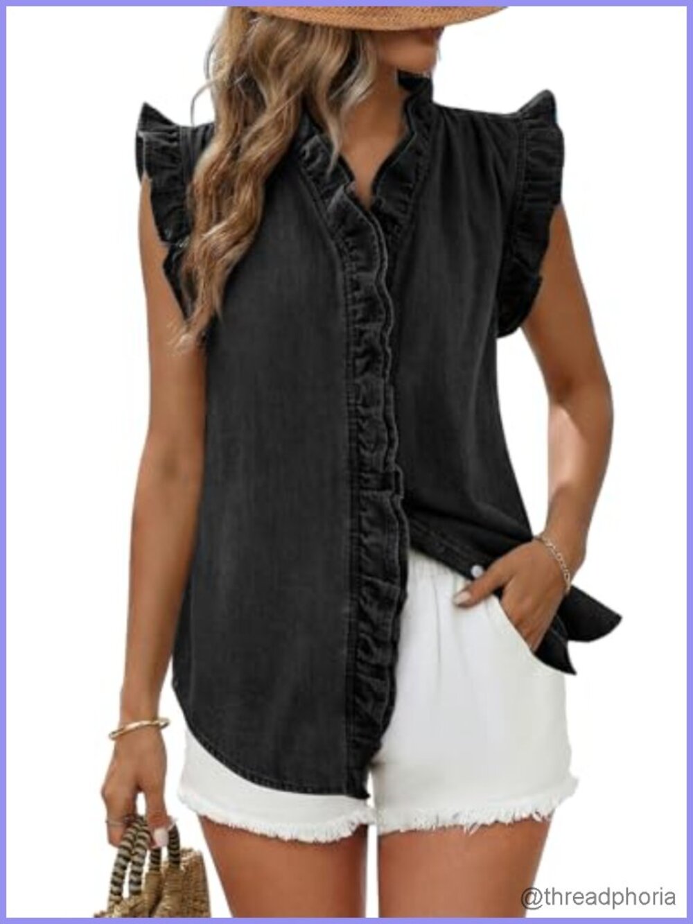 Women's Sleeveless Button Up Denim Jean Vest Ruffle Peplum V-Neck Cotton